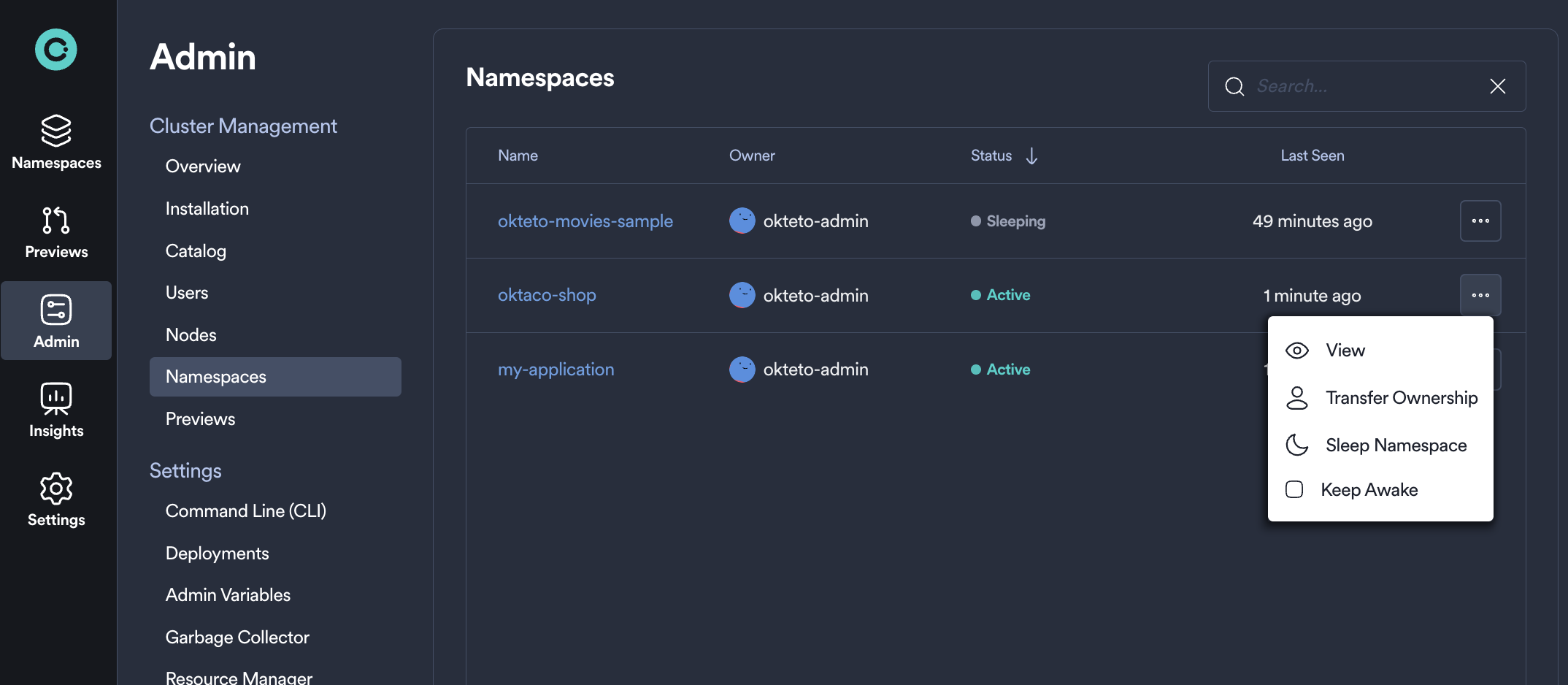 sleep option in the namespace actions dropdown menu