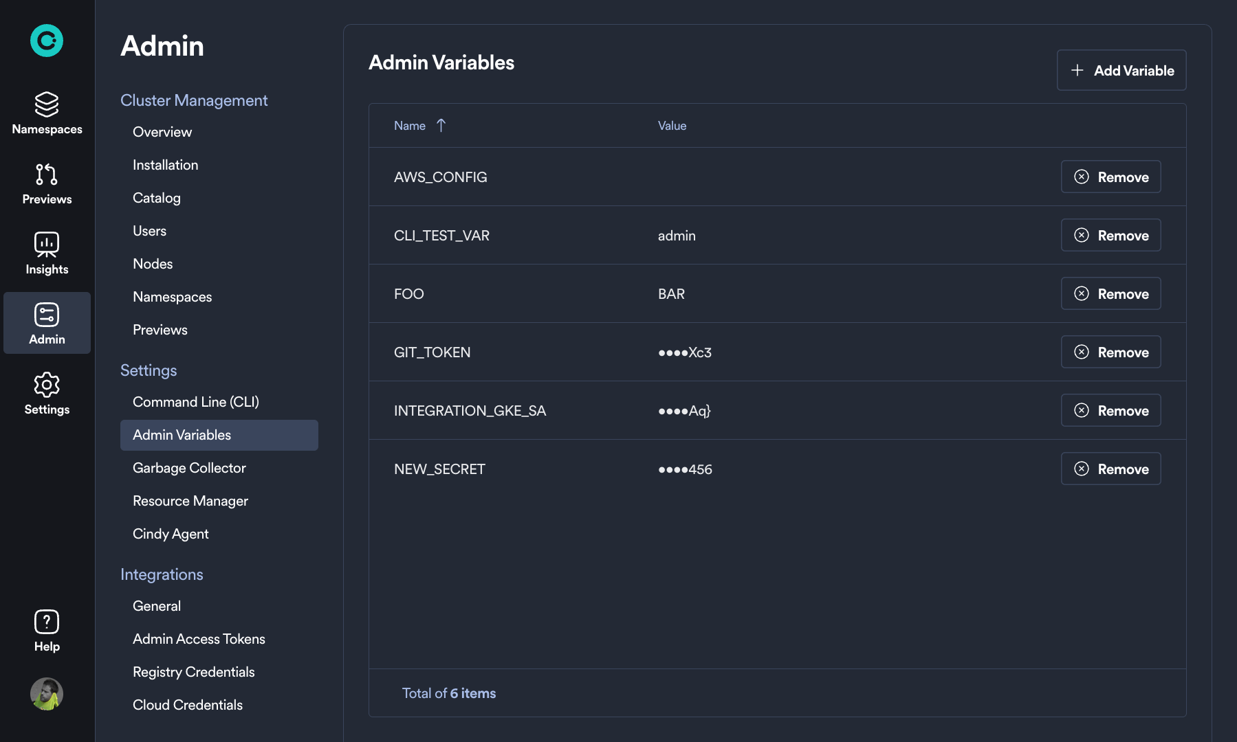 admin variables in the Okteto admin dashboard